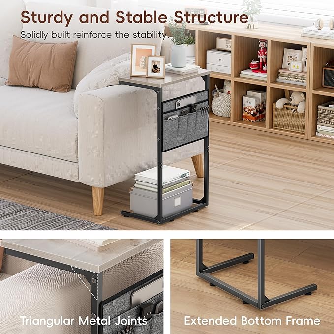 Vagusicc C Shaped End Table, 28'' Tall Side Table for Couch, Small Couch Side Table, Tall Arm Chair Table TV Tray Tables Living Room, Slide Under Sofa Table with Metal Frame for Bedroom Small Spaces