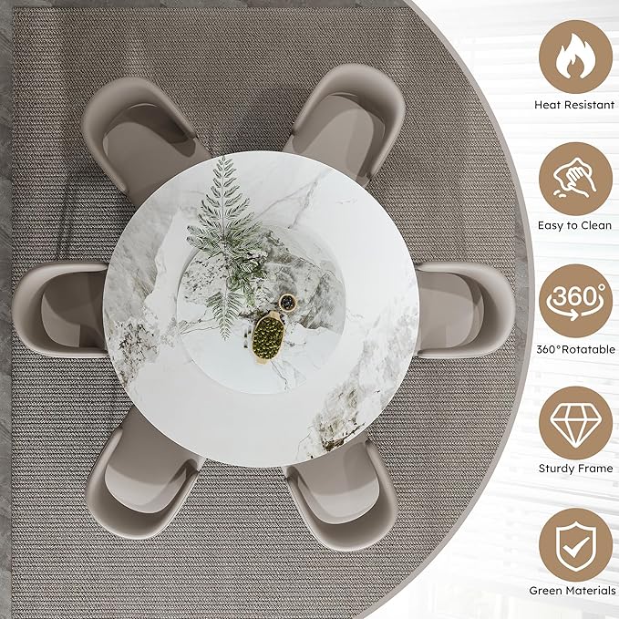 Ball & Cast 7-Piece Dining Set,Faux Marble Table with Detachable Rotating Tray & 6 PU Leather Chairs,Modern Kitchen Dining Room Table Set w/Stainless Steel Base,for Restaurant & Home,Grey