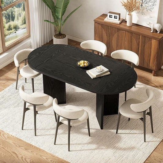 LITTLE TREE 63" Rustic Oval Dining Table for 4-6, Sturdy MDF Farmhouse Kitchen Table with Metal Strip Base, for Living Room, Office, Restaurant, Multi-Use, Black
