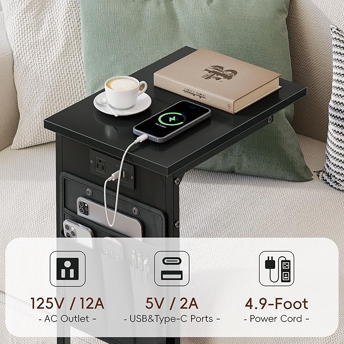 Vagusicc C Shaped End Table with Charging Station, Small Side Table for Couch, Couch Side Tables Recliner Desk, Slide Under Sofa Table TV Tray Arm C Tables for Living Room, Bedroom, Bedside, Black