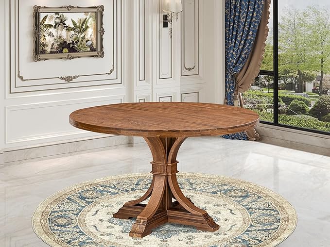 I57-0N-TP Breakfast Table with Acacia Wood Round Tabletop and Elegant Pedestal Base - Antique Walnut Finish