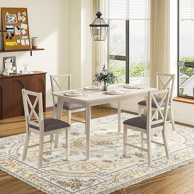 Solid Wood Dining Chairs Set of 4, Farmhouse Chairs with High Cross Back and Upholstered Seat, Easy Assembly for Dining Room, Kitchen, Washed Gray