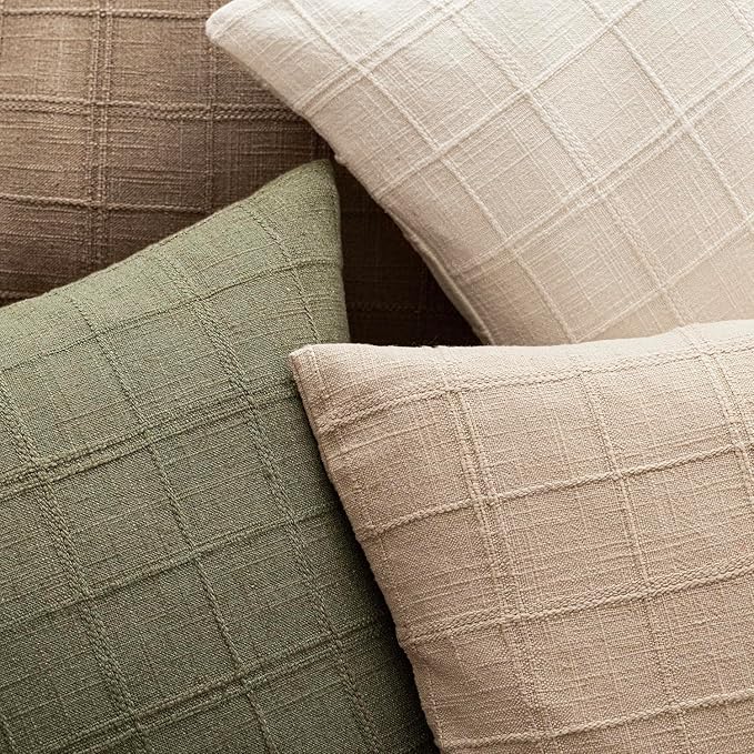 Foindtower Set of 2 Decorative Linen Check Throw Pillow Covers Neutral Farmhouse Vintage Cushion Covers Modern Boho Home Decor for Sofa Chair Couch Bedroom Living Room Outdoor,22×22 Inch,Sage Green