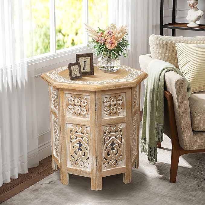 The Wooden Town Side Tables– Hand Carved Vintage Boho Folding End Tables for Living Room, Entryway, Living Room, Bedroom – No Tools Assembly, 18"x18" Octagon, White wash Finish