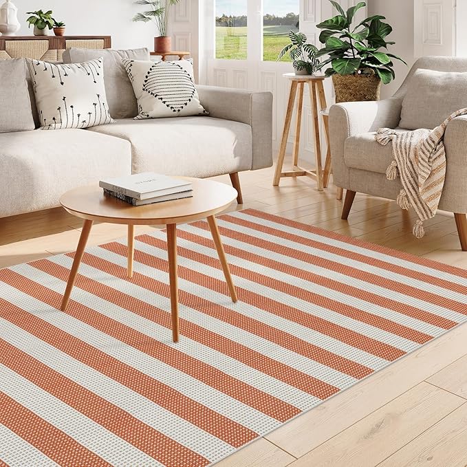 OJIA Outdoor Patio Rug 5'x7', Striped Outdoor Rugs Washable Checkered Area Rugs Cotton Woven Indoor Accent Rugs for Bedroom/Living Room/Front Porch/Deck/Backyard/Camping (Orange/White/Tan)