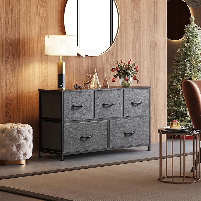 WLIVE Dresser for Bedroom with 5 Drawers, Wide Chest of Drawers, Fabric Dresser, Storage Organizer Unit with Fabric Bins for Closet, Living Room, Hallway, Dark Grey