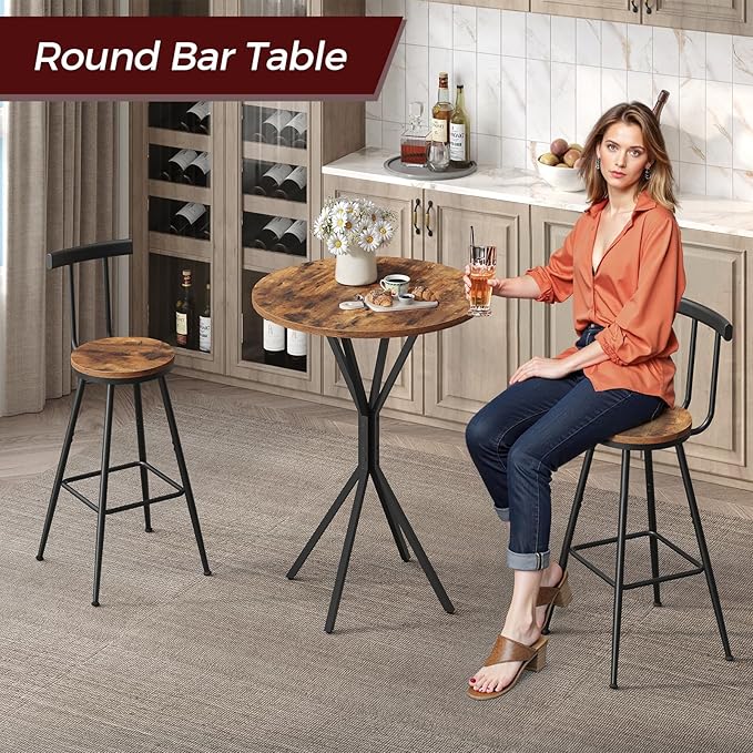 Bar Table, Round High Top Pub Table, 36.2'' Tall Cocktail Table, Metal Frame, Industrial Style, for Small Space, Bistro, Cafe, Banquet, Restaurant, Rustic Brown and Black BTHR12701
