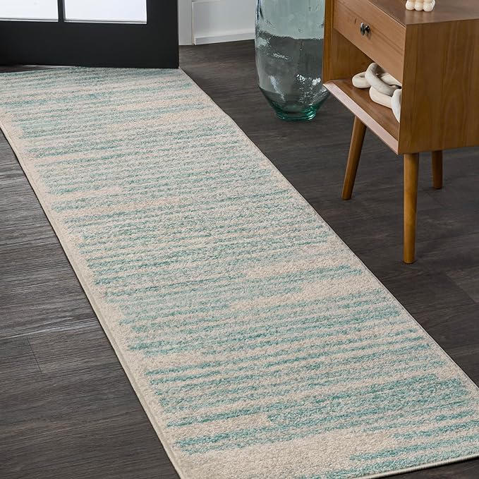 JONATHAN Y Khalil Modern Berber Stripe Cream/Turquoise Runner Rug, 2x8, Contemporary, Bohemian, Easy-Cleaning for Living Room, Bedroom, Kitchen, Pet Friendly, Non-Shedding (MOH207B-28)