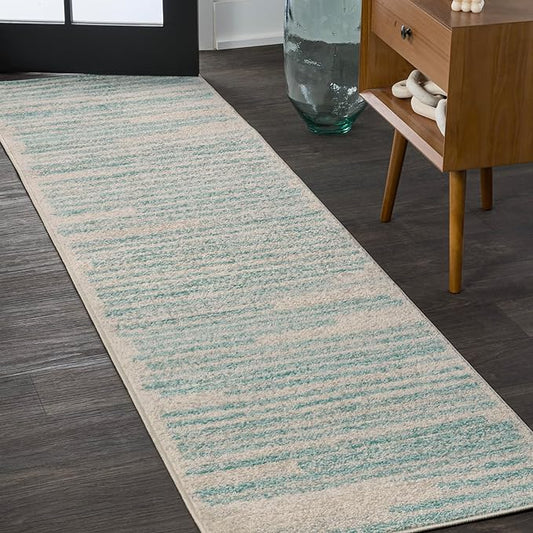 JONATHAN Y Khalil Modern Berber Stripe Cream/Turquoise Runner Rug, 2x8, Contemporary, Bohemian, Easy-Cleaning for Living Room, Bedroom, Kitchen, Pet Friendly, Non-Shedding (MOH207B-28)
