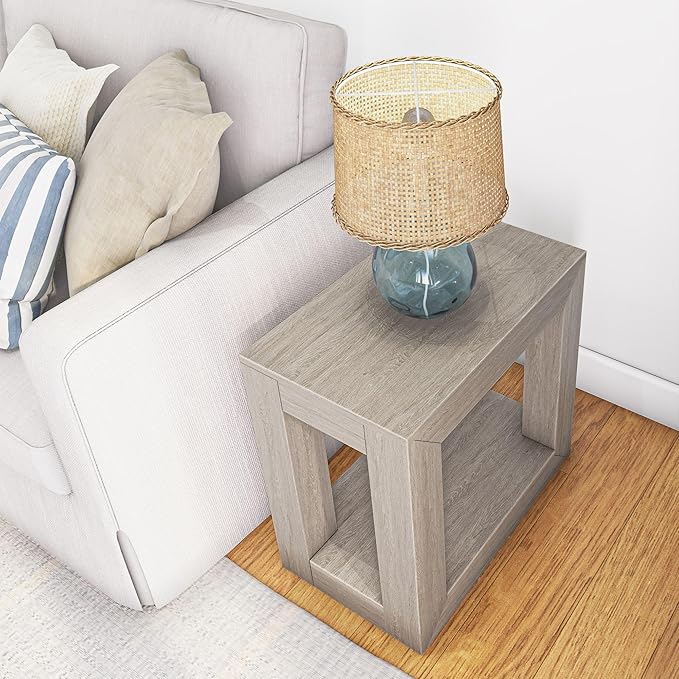 Plank+Beam Modern Rectangular Side Table with Shelf, 25", Solid Wood Narrow End Table for Living Room with Storage, Compact Bedside Table for Small Spaces, Seashell Wirebrush