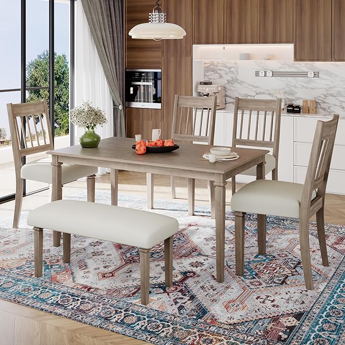 Merax 6-Piece Retro Dining Table Set, 6 Seats Wooden Rectangular Table, with 4 Chairs & 1 Bench for Kitchen Room, Classic Furniture, Brown