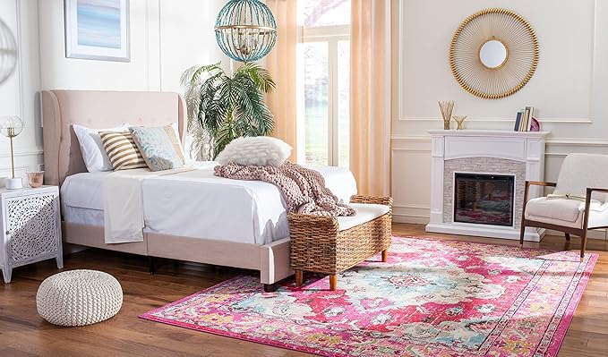 SAFAVIEH Monaco Collection Area Rug - 9' x 12', Pink & Multi, Boho Chic Medallion Distressed Design, Non-Shedding & Easy Care, Ideal for High Traffic Areas in Living Room, Bedroom (MNC243D)