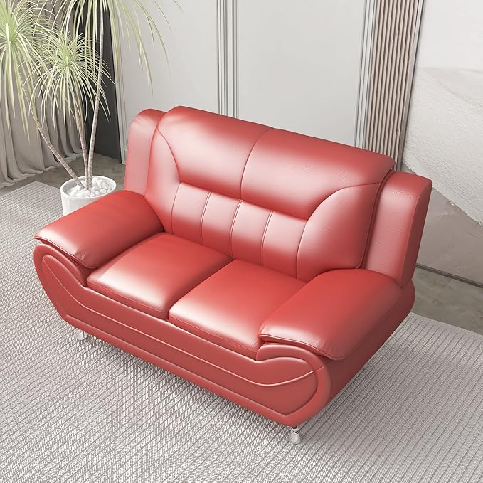 Container Furniture Direct Michael Modern Faux Leather Upholstered Stainless Steel Legs Living Room Loveseat, Persian Red