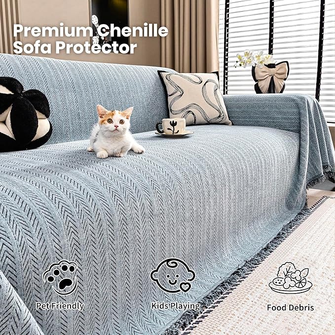 Nobildonna Sofa Cover Washable Soft Thicken Chenille Couch Cover with Tassel,Waterproof Sofa Slipcover for 3-4 Cushion Couch,Sectional Sofa,L-Shaped Furniture Protector Pet-Friendly,Dusty Blue71 x150