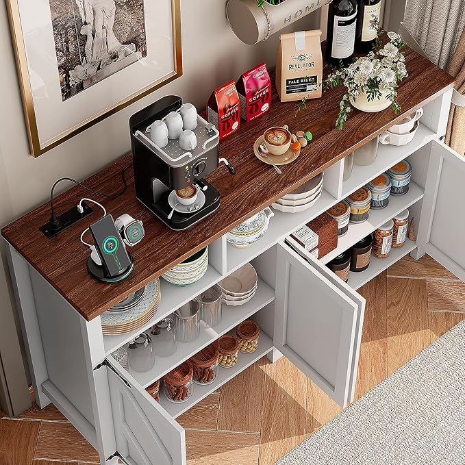 Buffet Sideboard with Storage with Power Outlets & LED Light 4 Doors, 55'' Large Farmhouse Kitchen Storage Cabinet Wood Coffee Bar Cabinet Buffet Table for Kitchen, Dining Room, Entryway