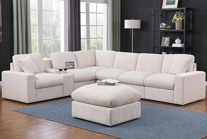 127" Modular Sectional Sofa,Modern Oversized Cloud Couch with Cup Holder&USB Port,7 Seater Convertible L-Shaped Chenille Sofas W/Ottoman,2 Pillows&Storage Box,Comfy Couches for Living Room,Beige