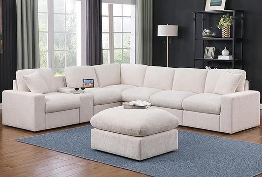 127" Modular Sectional Sofa,Modern Oversized Cloud Couch with Cup Holder&USB Port,7 Seater Convertible L-Shaped Chenille Sofas W/Ottoman,2 Pillows&Storage Box,Comfy Couches for Living Room,Beige