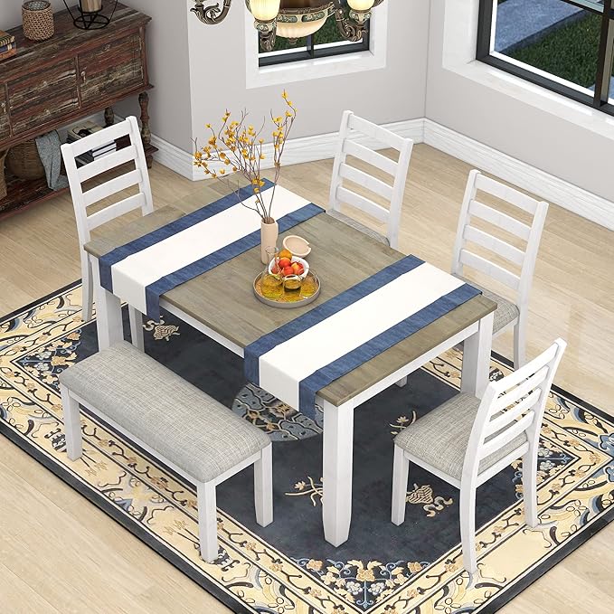 Merax 6-Piece Wooden Rectangular Dining Table Set with 4 Upholstered Chairs and Bench, Whitewash+Brown
