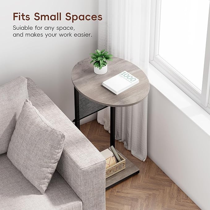 Vagusicc C Shaped End Table, Adjustable Height Small Side Table for Couch and Recliner, 32" Tall Couch Side Table Slide Under Sofa Tray Desk with Storage Bag for Living Room and Bedroom, Greige