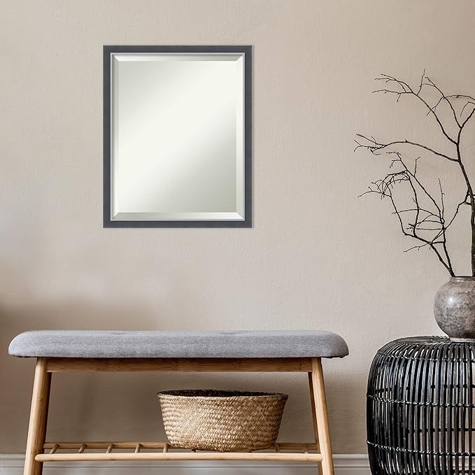 Amanti Art Black Bathroom Mirror for Over Sink, 22x18 Eva Black Silver Thin Rectangle Vanity Mirror, Small Modern Contemporary Frame, Hangs Horizonally and Vertically, Bathroom Wall Decor, Beveled