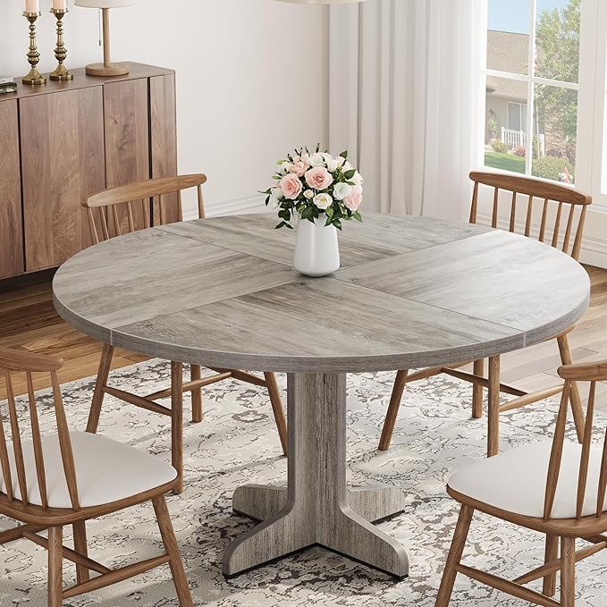 GarveeHome Round Dining Table for 4, 47 Inch Farmhouse Circle Kitchen Table with Wood Tabletop and Stable Base, for Home Dining Room Living Room, Grey (Only Table)