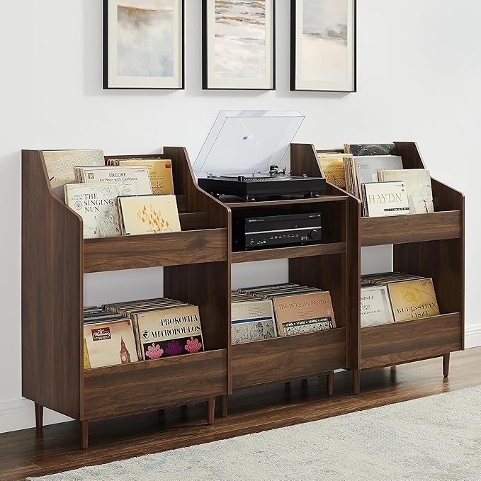 Crosley Furniture Liam 3-Piece Turntable Record Player Stand And Vinyl Storage, Mid Century Modern, Walnut