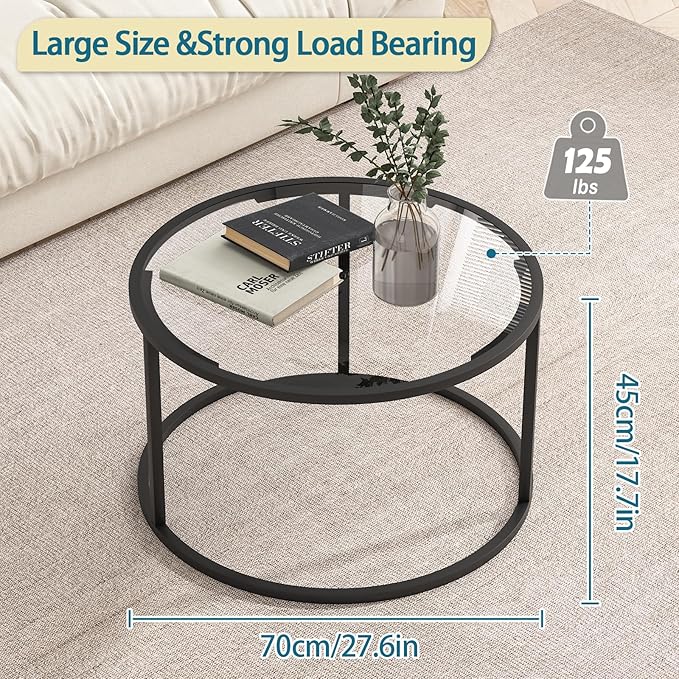 Round Coffee Table,Small Black Coffee Table for Living Room,27" Modern Center Table,Glass Top Clear Coffee Table with Sturdy Metal Frame for for Living Room Home Office, Easy Assembly,Black