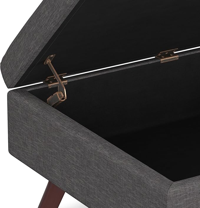 SIMPLIHOME Owen 34 inch Wide Mid Century Modern Rectangle Coffee Table Storage Ottoman in Slate Grey Linen Look Fabric, Assembled, For the Living Room, Entryway and Family Room