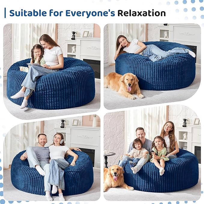 HABUTWAY 3FT Bean Bag Chair, 3' Large Bean Bag Chairs for Adults with Removable Stripe Plush Cover, Memory Foam Beanbag Chair for Living Room Bedroom Dorm (Blue)