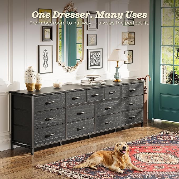 Huuger 70 Inch Dresser for Bedroom, TV Stand for 65, 75, 80 Inch TV, 13 Fabric Drawer Long Dresser, Large Entertainment Center for Bedroom, Wide Chest of Drawer with Storage, Charcoal Black