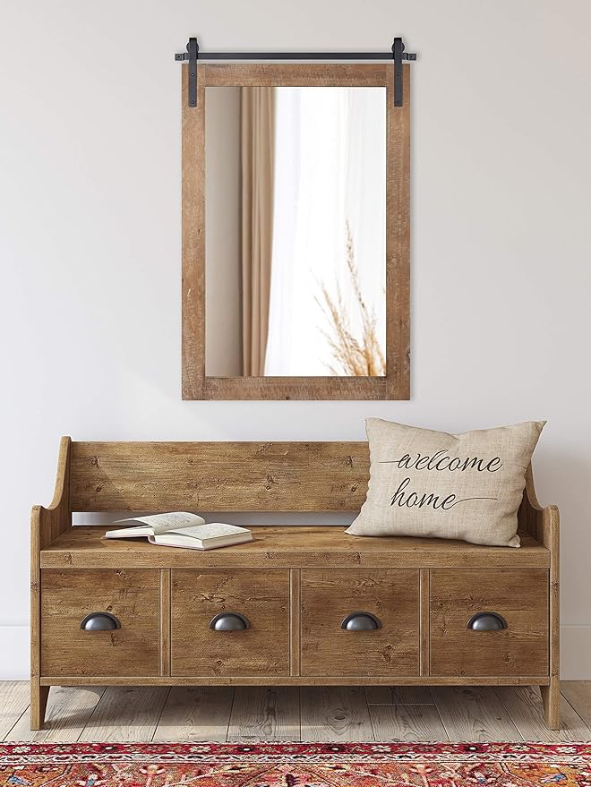 Kate and Laurel Cates Farmhouse Wood Framed Wall Mirror, 24 x 38, Rustic Brown, Barn Door-Inspired Rustic Mirrors for Wall