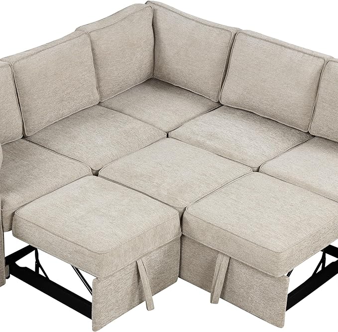 126" Extra Large Pull-Out Sofa Bed with Drop-Down Cup Holder Tables,L-Shaped Sectional Cozy Couch W/Charging Device,Convenient Sleeper Furniture Set for LivingRoom Apartment,Black Chenille
