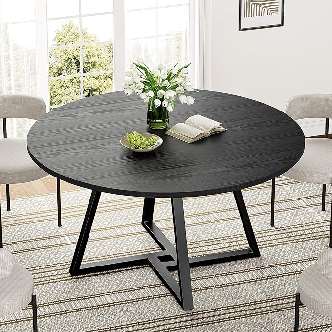 IRONCK 51" Round Dining Table for 6, Wood Kitchen Table with Metal Base, Space Saving Industrial Circle Dinner Table for Kitchen Dining Room, Black