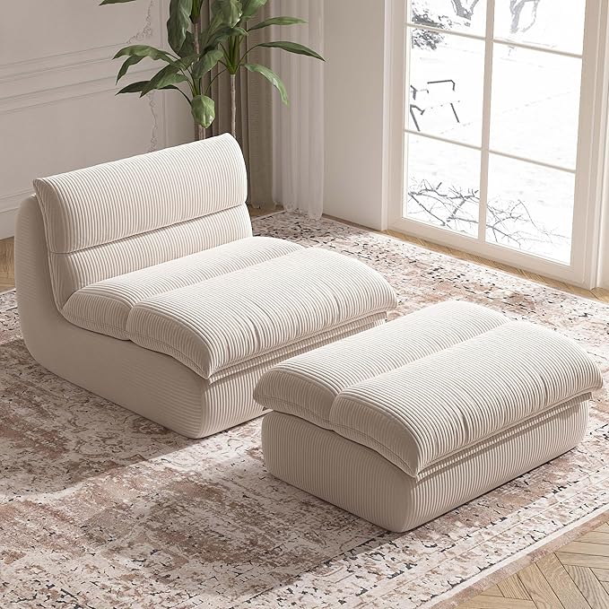 Bean Bag Chair with Ottoman, Cozy Comfy Reading Nook Chairs, Ultra Soft Corduroy Fabric Bean Bag Chairs for Adults, Reading Chair with Ottoman for Living Room, Bedroom Apartment (Beige)