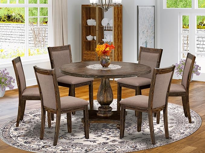 East West Furniture I2MZ7-748 7 Piece Modern Dining Table Set Consist of a Round Wooden Table with Pedestal and 6 Coffee Linen Fabric Upholstered Chairs, 48x48 Inch, Distressed Jacobean