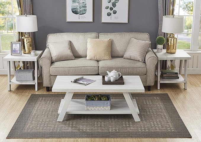 Roundhill Furniture Athens Contemporary 3-Piece Wood Shelf Coffee Table Set, White
