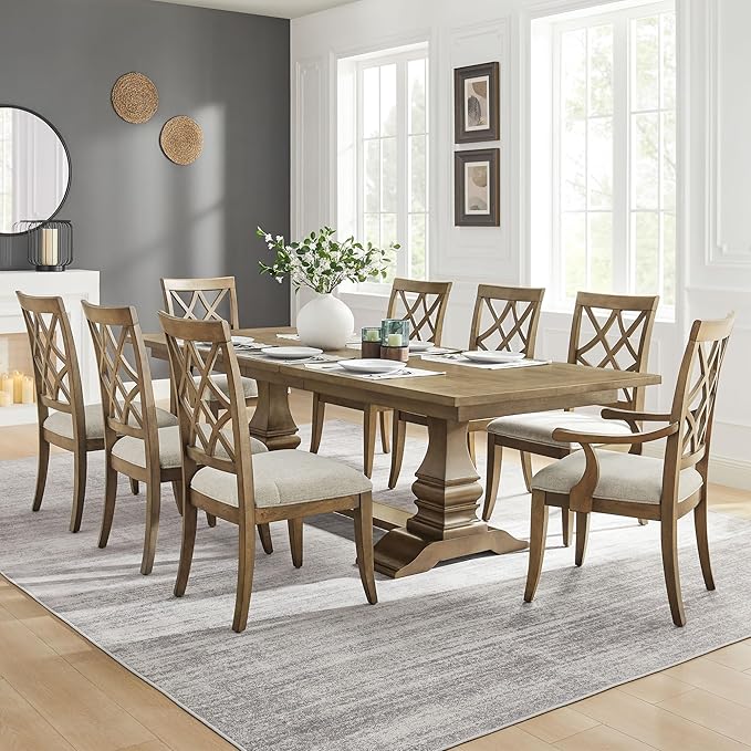 KEIKI Retro 7-Piece Wooden Dining Table Set for 6 Person, Vintage Table Set with Extendable Rectangular MDF Wood Grain Table and 6 Upholstered Chair, Easy Assembly, for Kitchen, Dining Room, White Oak