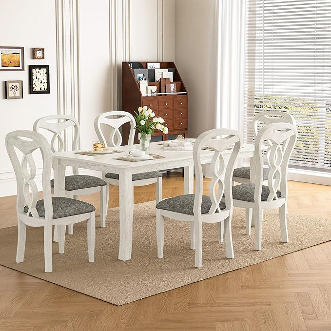 7-Piece Solid Wood Dining Table Set with 6 Upholstered Chairs - Easy Assembly Modern Design for Kitchen & Small Spaces, Durable Wooden Table and Chairs for Dining Room, Kitchen, Light Grey