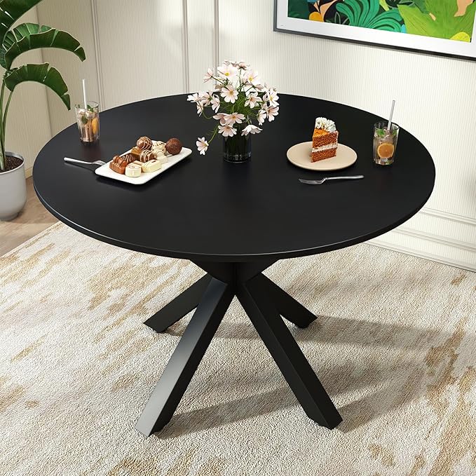Round Dining Table, 42" Kitchen Dining Table for 4-6, Small Round Table with Metal Cross Legs, Modern Round Dining Room Table for Kitchen, Apartment, Living Room, Black
