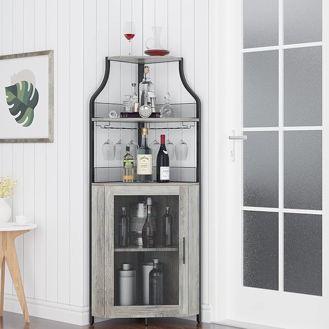 GarveeHome Corner Wine Cabinet with Detachable Wine Rack, 5-Tier Industrial Corner Bar Cabinet with Barn Door and Glass Holder, Farmhouse Buffet Cabinet and Home Bar, Grey