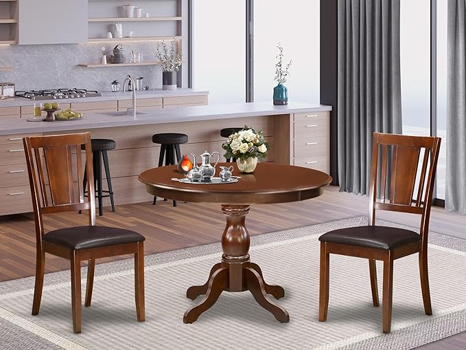 East West Furniture HBDU3-MAH-C 3 Piece Dining Set Contains a Round Dining Room Table with Pedestal and 2 Linen Fabric Upholstered Kitchen Chairs, 42x42 Inch, Mahogany