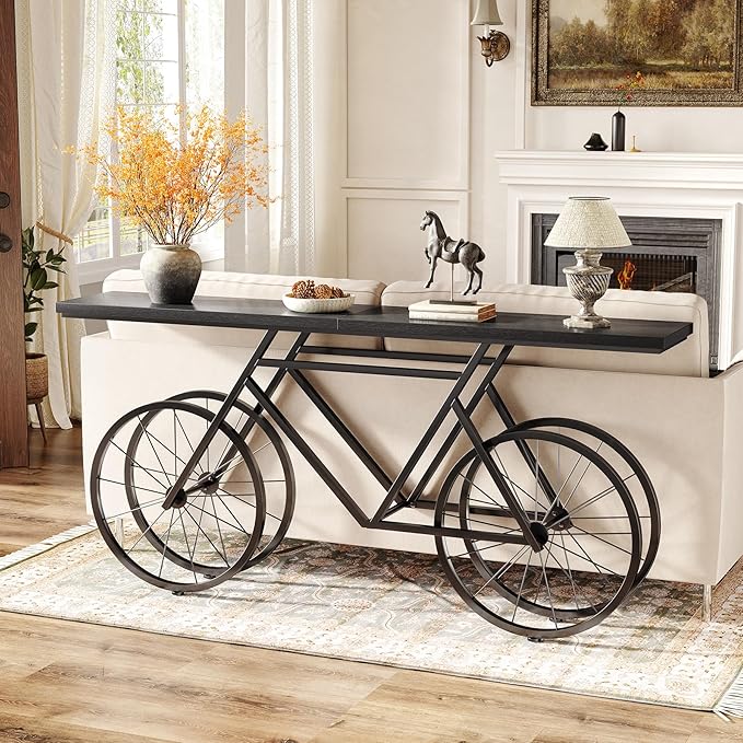 LITTLE TREE Narrow Sofa Table, 70.9-Inch Extra Long Console Table for Living Room, Entryway, with Unique Bicycle Metal Base. Black