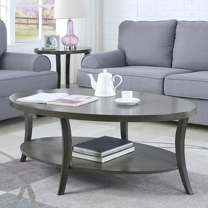 Roundhill Furniture Contemporary Perth Oval Shelf Coffee Table Set, Grey