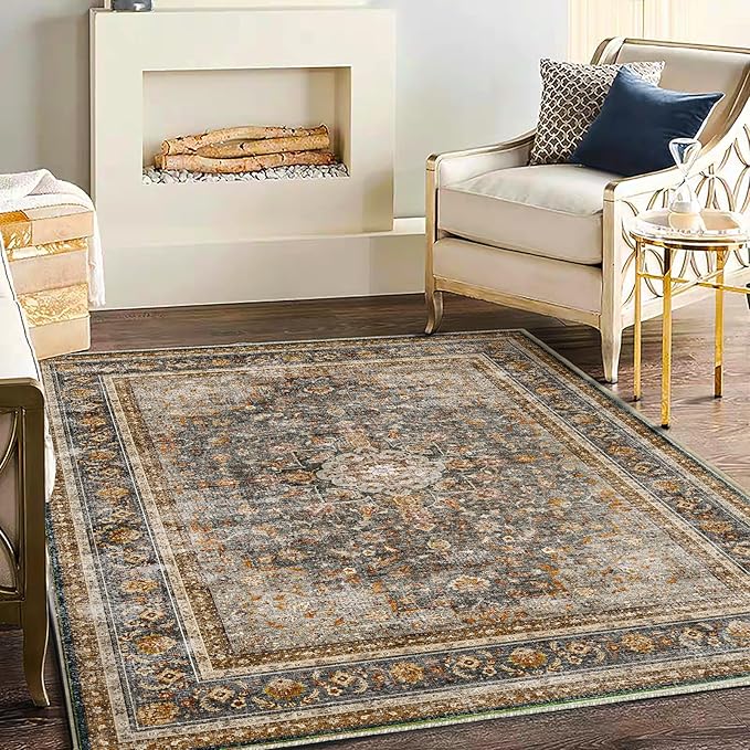 Washable Area Rug 4'x6' Traditional Floor Cover Foldable Thin Rugs Retro Kitchen Indoor Distressed Non Slip Carpet Floral Print Mat Bedroom Living Room