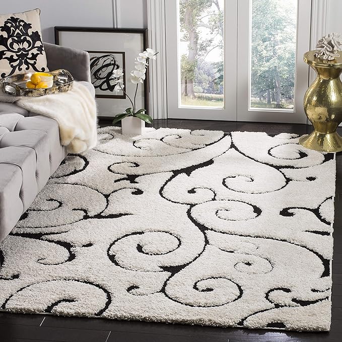 SAFAVIEH Florida Shag Collection Area Rug - 5' Square, Ivory & Black, Scroll Design, Non-Shedding & Easy Care, 1.2-inch Thick Ideal for High Traffic Areas in Living Room, Bedroom (SG455-1290)