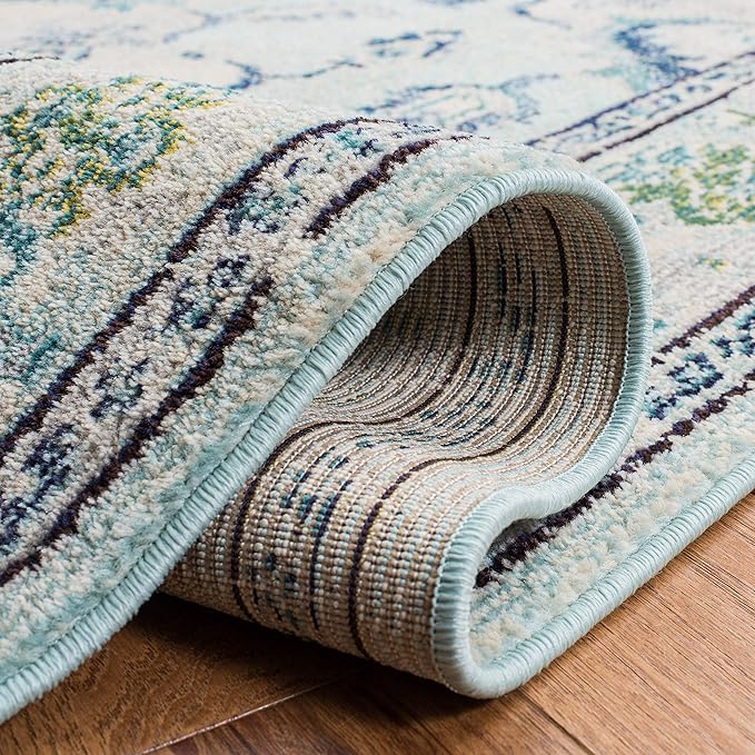 SAFAVIEH Monaco Collection Area Rug - 6'7" Square, Light Blue & Ivory, Boho Chic Medallion Distressed Design, Non-Shedding & Easy Care, Ideal for High Traffic Areas in Living Room, Bedroom (MNC243K)