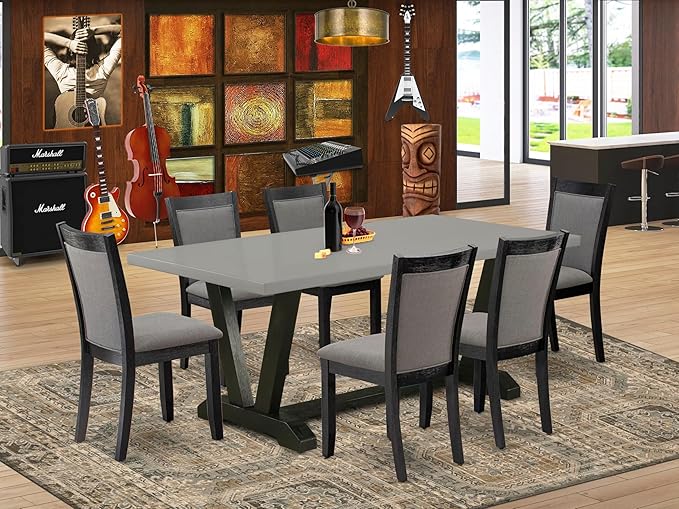 East West Furniture V697MZ650-7 7 Piece Dinette Set Consist of a Rectangle Dining Room Table with V-Legs and 6 Dark Gotham Grey Linen Fabric Upholstered Chairs, 40x72 Inch, Multi-Color