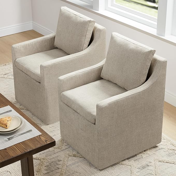 Upholstered Dining Chairs with Casters Easy Assembly Side Deskchair with Rollers for Diningroom, Living Room, Khaki, 2 Box