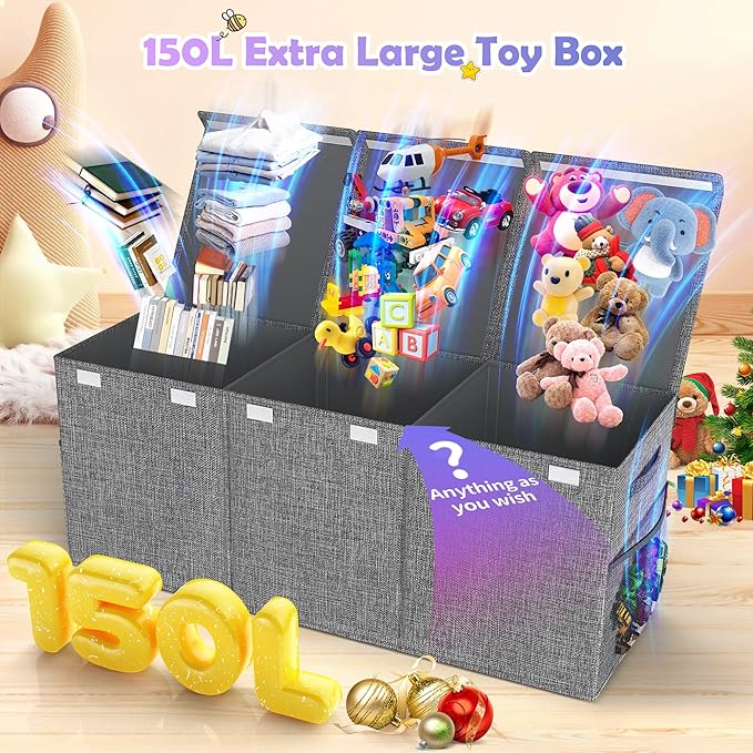 Extra Large Toy Box Chest with Lids, Collapsible Sturdy Kids Toy Storage Organizer Boxes for Boys Girls, 40"x14"x16", Toybox Storage Bins Basket for Living Room, Bedroom, Nursery, Gray