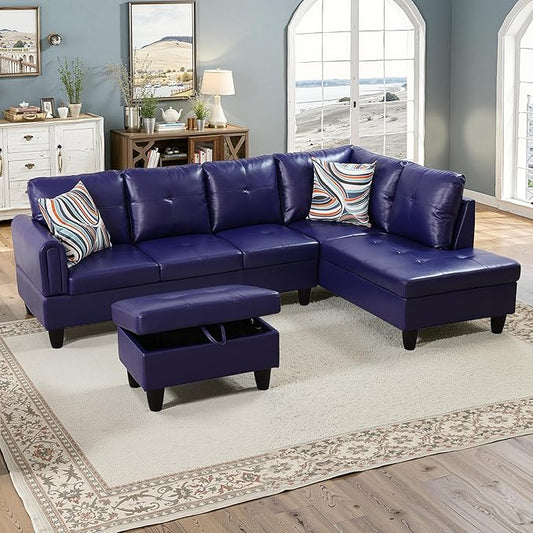NicBex Sectional Couch 3 Pieces Sofa Set with Left Chaise Faux Leather L Shaped Cloud Couch for Living Room Furniture Sets with Storage Ottoman, Modular Sofa for Living Room & Apartment, Indigo